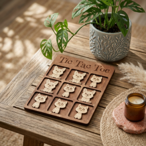 Handcrafted wooden Cat & Dog Tic Tac Toe Game featuring detailed laser-engraved kitten and puppy playing pieces on a wood grid board