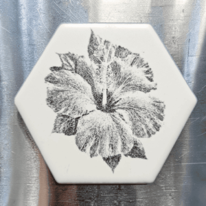 A white ceramic hexagon tile magnet laser engraved with a detailed exotic hibiscus flower blooming illustration