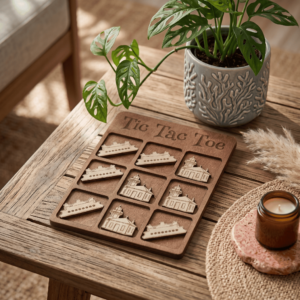 Handcrafted wooden Ferry and Mukilteo Lighthouse Tic Tac Toe Game featuring detailed laser-engraved ferry boats and lighthouses on a grid board