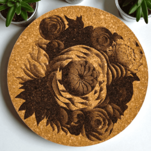 Round natural mandala flower cork coaster displaying a detailed laser-engraved floral bloom arrangement