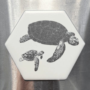 A white ceramic hexagon tile magnet engraved with a detailed illustration of a honu mom and baby turtle swimming together