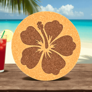 Round natural hibiscus cork coaster featuring a detailed laser-engraved tropical hibiscus flower
