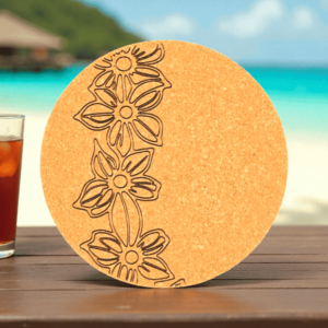 Round natural lei flower cork coaster displaying a laser-etched floral strand