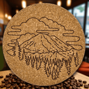 Round natural Mount Rainier cork coaster featuring a detailed laser-engraved mountain peak, clouds, and pine tree forest