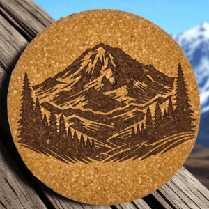 Round natural mountain forest cork coaster featuring a detailed laser-engraved mountain peak framed by evergreen pine trees