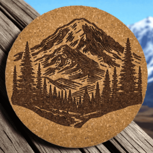 Round natural mountain wilderness cork coaster featuring a detailed laser-engraved mountain peak and pine tree