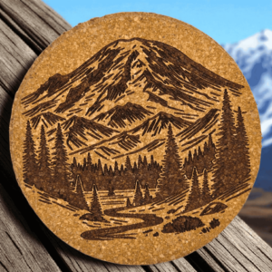 Round natural mountain and river cork coaster featuring a detailed laser-engraved mountain peak and winding river landscape design