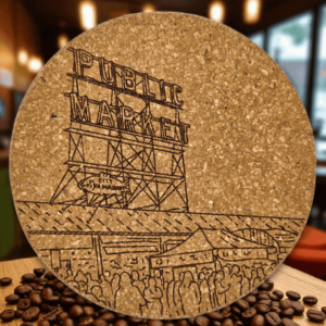 Round natural Pike Place Market cork coaster featuring a detailed laser-engraved public market sign design