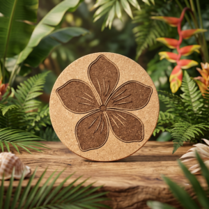 Round natural plumeria cork coaster featuring a laser-engraved five-petal plumeria flower