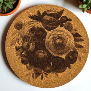 Round natural rose mandala cork coaster with a detailed laser-engraved rose bouquet design