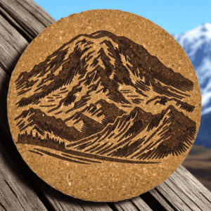 Round natural mountain peak cork coaster featuring a detailed laser-engraved rugged mountain design