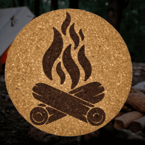 Round natural campfire cork coaster with a detailed laser-engraved campfire and flame