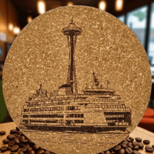 Round natural Seattle ferry cork coaster featuring a detailed laser-engraved Washington State ferry and Space Needle design resting on a wooden table surrounded by coffee beans.
