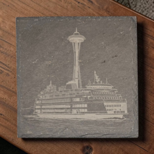 Handcrafted square Seattle slate coaster laser engraved with detailed artwork of the Space Needle and a Washington State ferry.