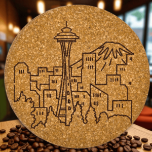 Round natural Seattle skyline cork coaster with a detailed laser-engraved Space Needle and Mount Rainier design