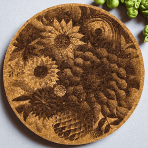Round natural mandala flower cork coaster featuring an intricate laser-engraved bouquet arrangement