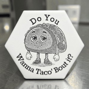 A white hexagon funny taco ceramic magnet featuring a cartoon taco character and text reading Do You Wanna Taco Bout It
